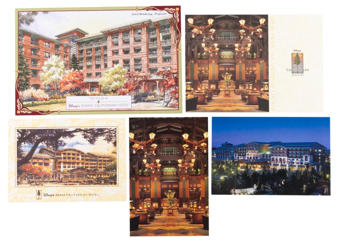 A Set of Disney's Grand Californian Hotel Postcards.: (Disneyland, 2000s) A collection of five postcards of the Grand Californian Hotel at the Disneyland Resort. Included is an oversized card featuring concept art of the Villas at Disney's Grand Californ