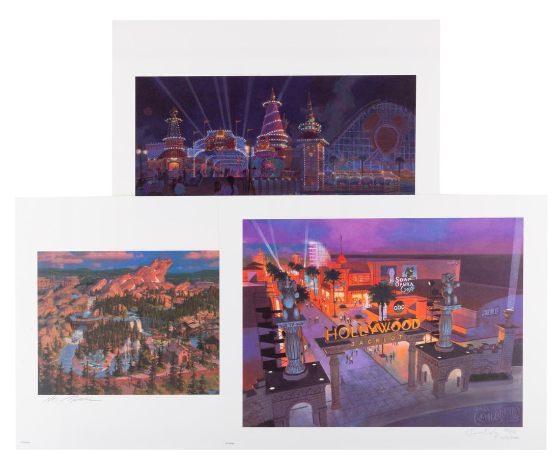 Three Disney's California Adventure Concept Art Lithographs.: (The Disney Gallery, 2000)Three limited edition Disney's California Adventure concept art lithographs, including artwork for Paradise Pier #59/150 by Tim Delaney, Hollywood Backlot #132/150 by James K