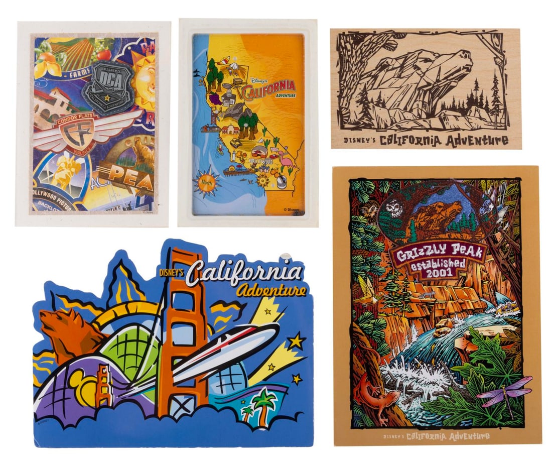 Unusual Early Disney's California Adventure Postcards.: (Disney's California Adventure, 2001) A collection of five unusual early Disney's California postcards. Included are a wooden Grizzly Peak card, a foamboard art card, a Grizzly Peak embroidered patch