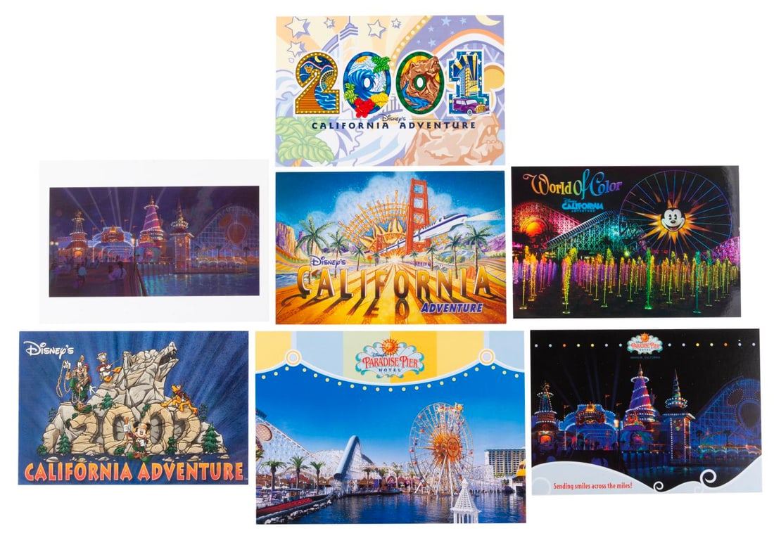 Seven Disney's California Adventure Postcards.: (Disney's California Adventure, 2001-2010) A collection of Disney's California Adventure postcards from concept art and the opening of the Park up through the 2010 World of Color show. Two of the