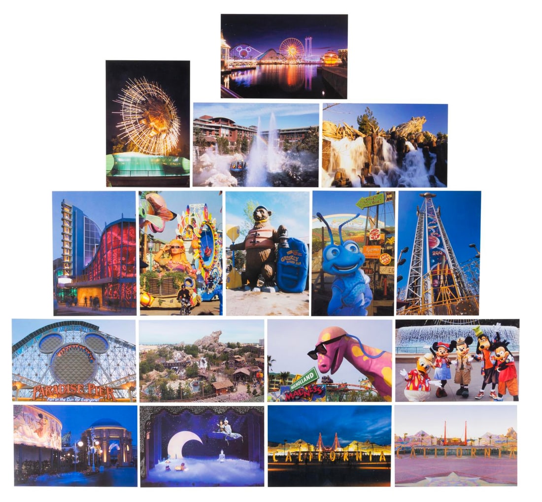 A Large Collection of Early Disney's California Adventure Postcards.: (Disney's California Adventure, 2001) Seventeen postcards featuring Disney's California Adventure as it opened in 2001. Included are such long-gone sights as the original entrance, "It's Tough to be a