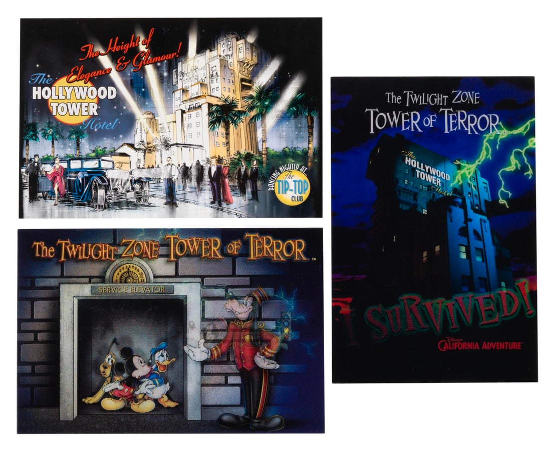 A Trio of DCA The Twilight Zone Tower of Terror Postcards.: (Disney California Adventure, 2004-2010s) Three postcards for the Twilight Zone Tower of Terror at Disney's California Adventure, including two lenticular cards. Each measuring 4" x 6" the postcards a