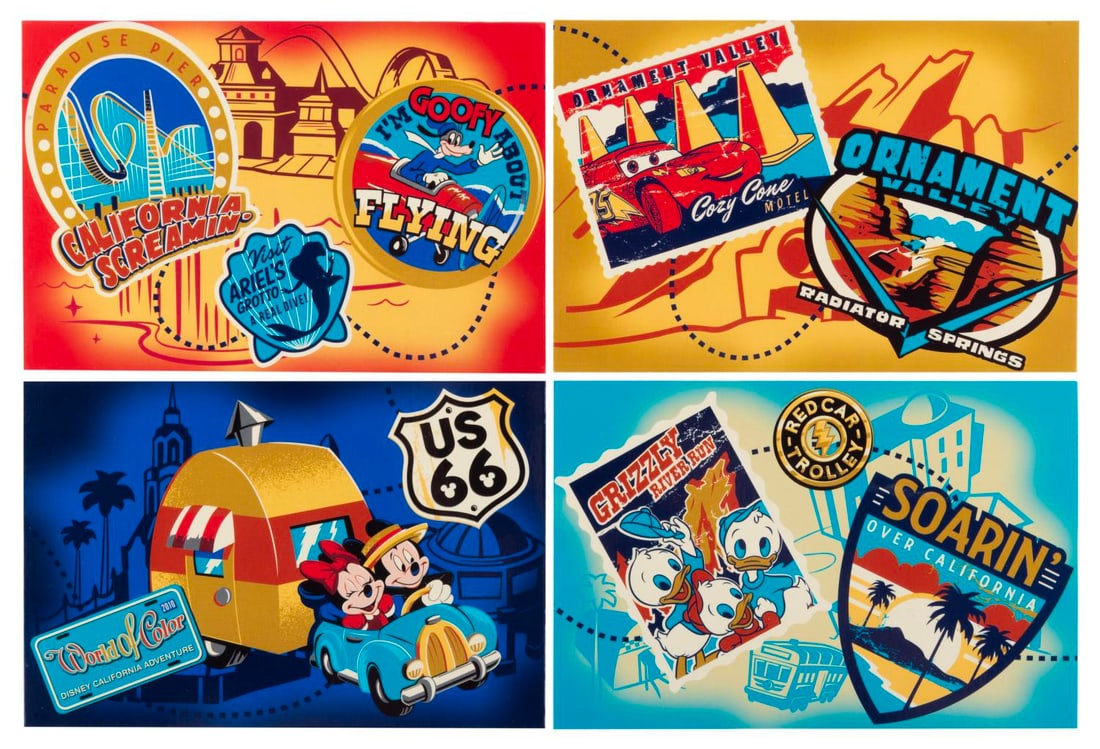 Disney's California Adventure Travel Postcards.: (Disney's California Adventure, 2010s) Four Disney's California Adventure postcards featuring characters with travel-poster-style art of the Park's lands and attractions. The postcards are in fine