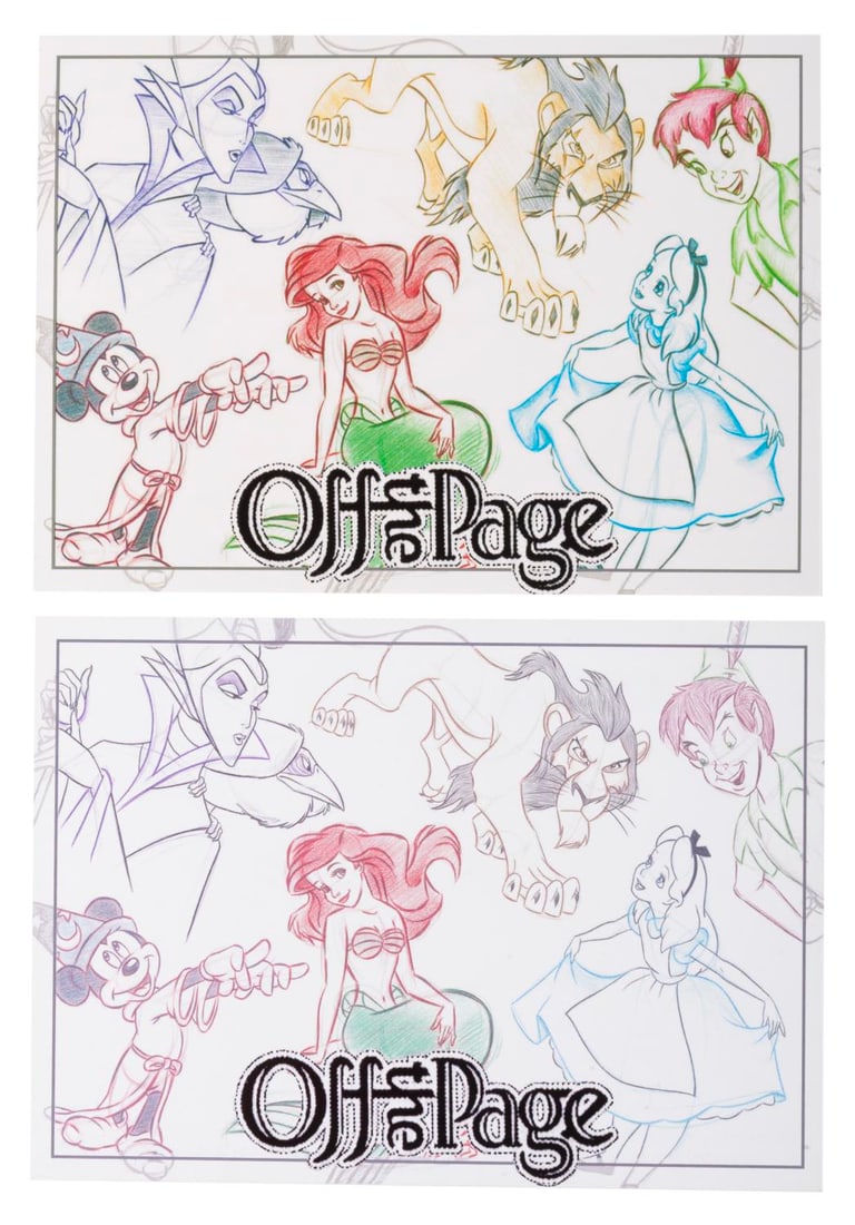 A Pair of "Off the Page" Character Art Postcards.: (Disney's California Adventure, 2013) Two postcards from the "Off the Page" store in the Hollywood Land area of Disney's California Adventure. Both show the same art with slightly different coloring.