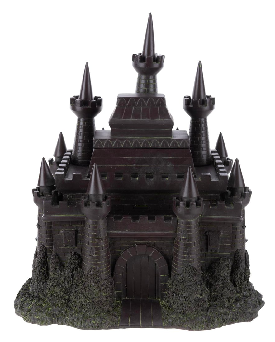 A Happily Ever After Cinderella Castle Figurine.: (Disney Parks, 2000s) A Cinderella "Happily Ever After" castle figurine with a hidden compartment. The resin figurine features a removable rooftop revealing a hidden compartment big enough for a key. 