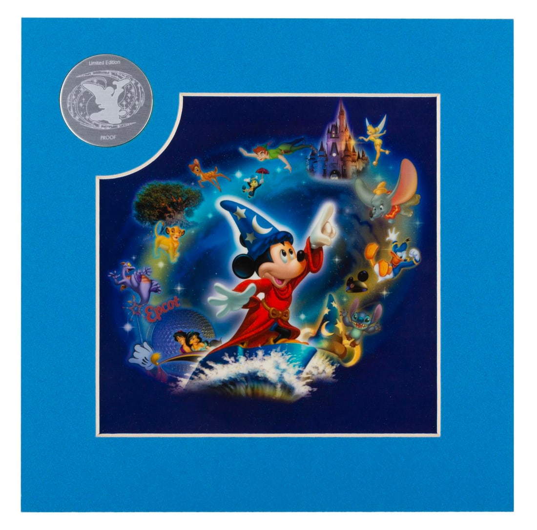 A Walt Disney World "Where Magic Lives" Laser Cel.: (The Art of Disney Theme Parks, 2000s) A limited edition proof Laser Cel titled "Where Magic Lives" featuring Sorcerer Mickey and the sights of Walt Disney World. Measuring 8" x 8" overall, the piece 