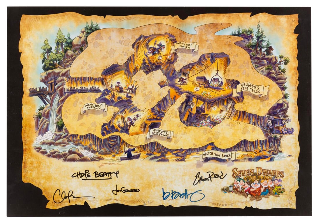 A Multi-Signed Seven Dwarfs Mine Train Print.: (Walt Disney World, 2014) A signed Seven Dwarfs Mine Train print from a D23 event at Mickey's of Glendale. Featuring a map of the Seven Dwarfs' Mine, the print is signed by Imagineers Chris Beatty, Et