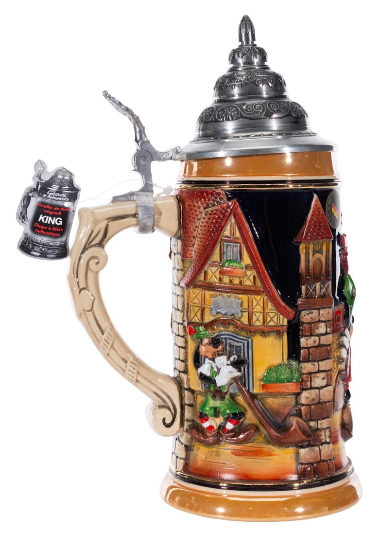 A World Showcase Germany Limited Edition Stein.: (KING-WERK, 2013) A World Showcase Germany stein featuring Mickey, Donald, and Goofy, created by master modeler Mrs. Eva Trees and sold exclusively at Epcot, numbered 534/5000. Measuring 10.5" tall