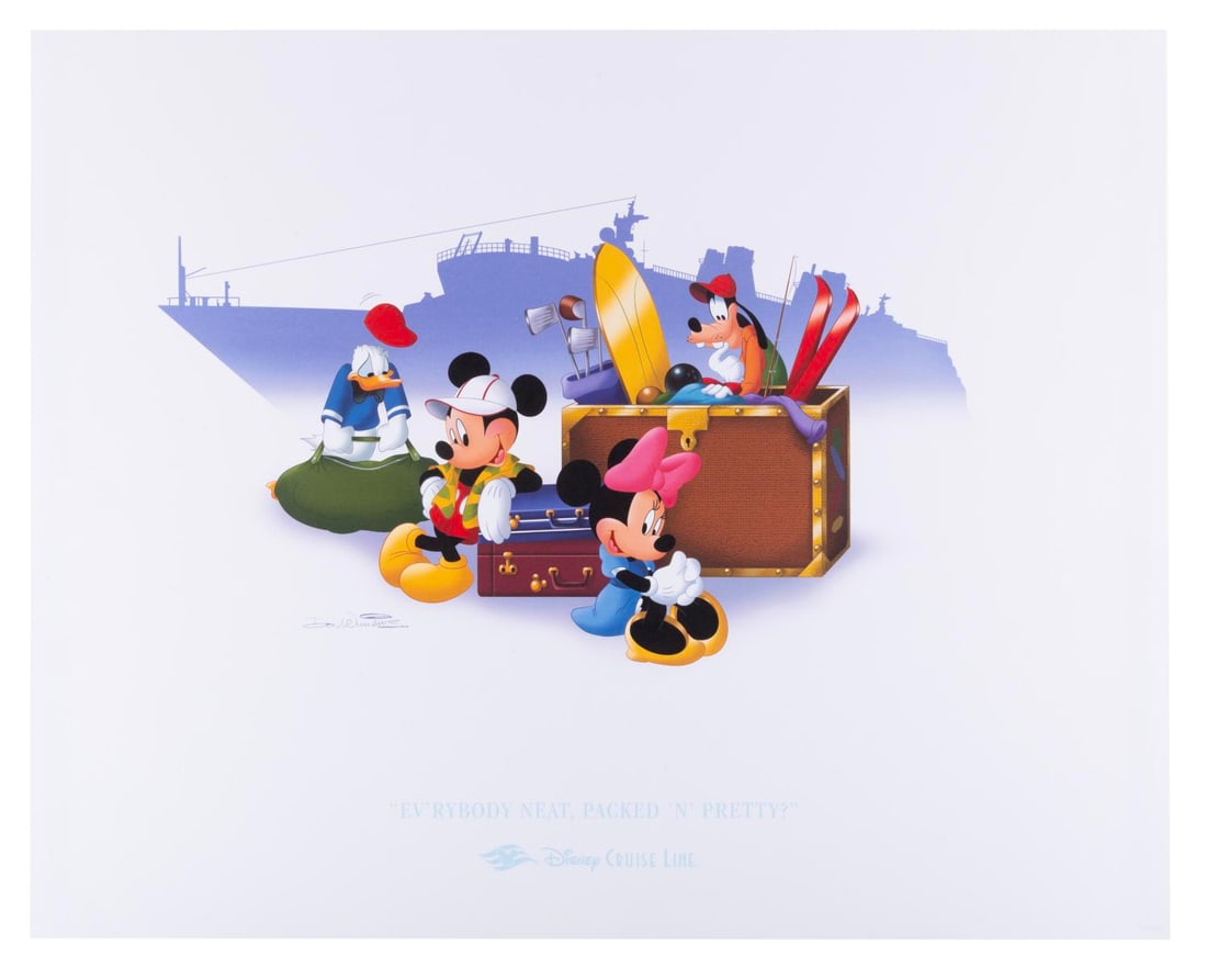 A Disney Cruise Line Don Williams Lithograph.: (Disney Cruise Line, 2012) A limited edition Disney Cruise Line lithograph titled "Ev'rybody neat, packed ?nd pretty?" featuring Mickey and friends by longtime Disney animator Don "Ducky" Williams.