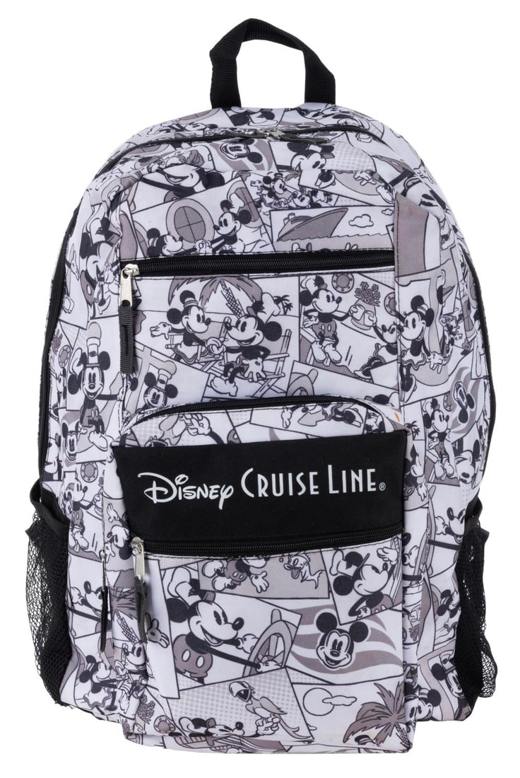 A Disney Cruise Line Backpack.: (Disney Cruise Line, 2000s) A Disney Cruise Line backpack featuring Mickey and Minnie Mouse. The adjustable backpack is in very good condition with minor spots of discoloration.
