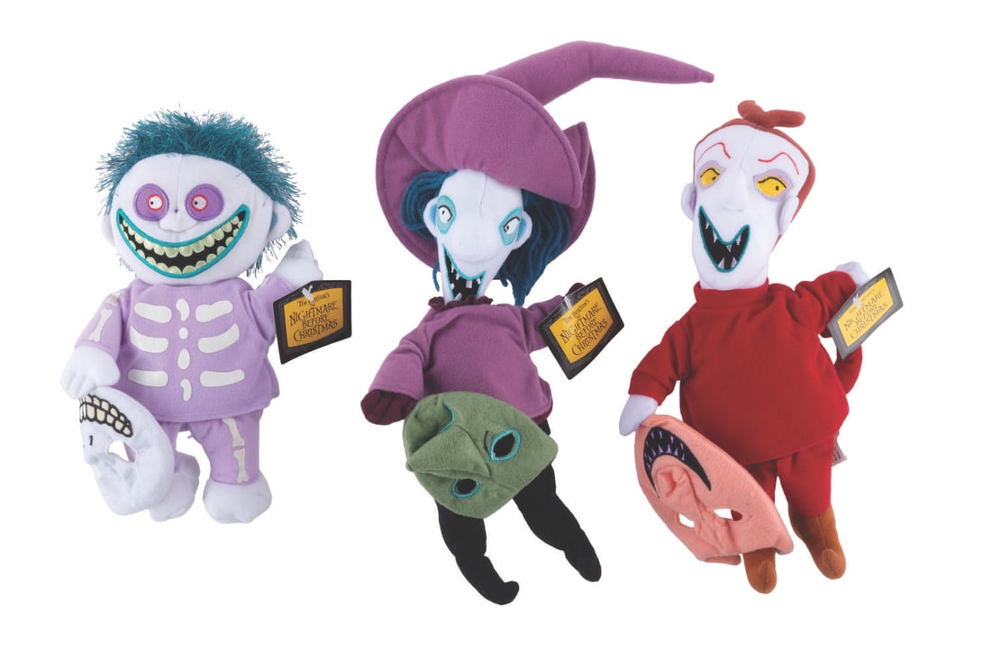 A Trio of "Nightmare Before Christmas" Lock, Shock, and Barrel Plushes.: (NECA, 2004) Three plush dolls of Hallweentown's trick-or-treaters, Lock, Shock, and Barrel, each with a mask. Measuring up to 13.5" tall, the dolls are in fine condition.