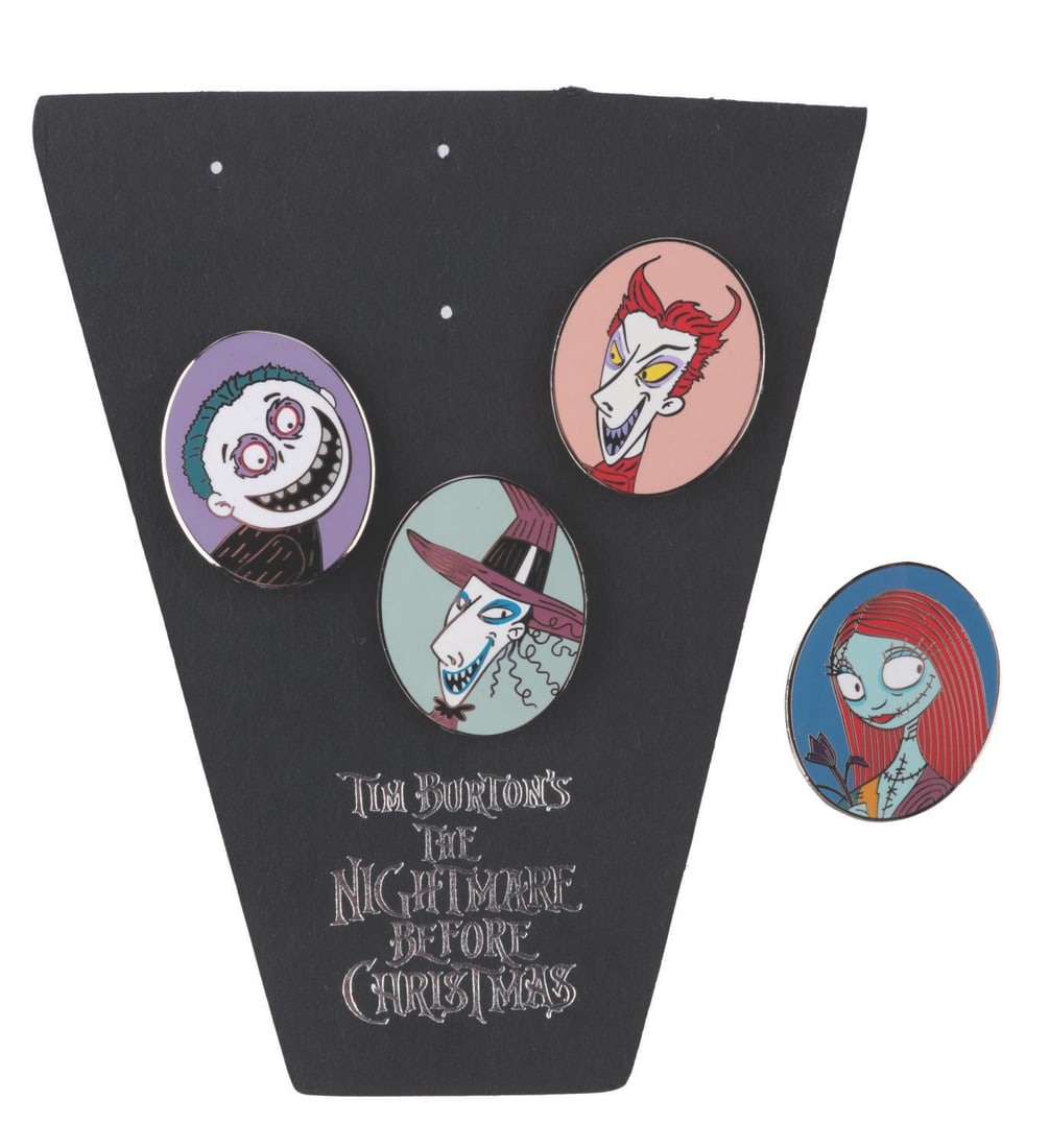 Disney Catalog "Nightmare Before Christmas" Best Guest Pins.: (Disney, 2005) Four "The Nightmare Before Christmas" limited edition 2500 pins of Lock, Shock, Barrel, and Sally. These were only available as part of a set of 6 Best Guest pins given with purchase