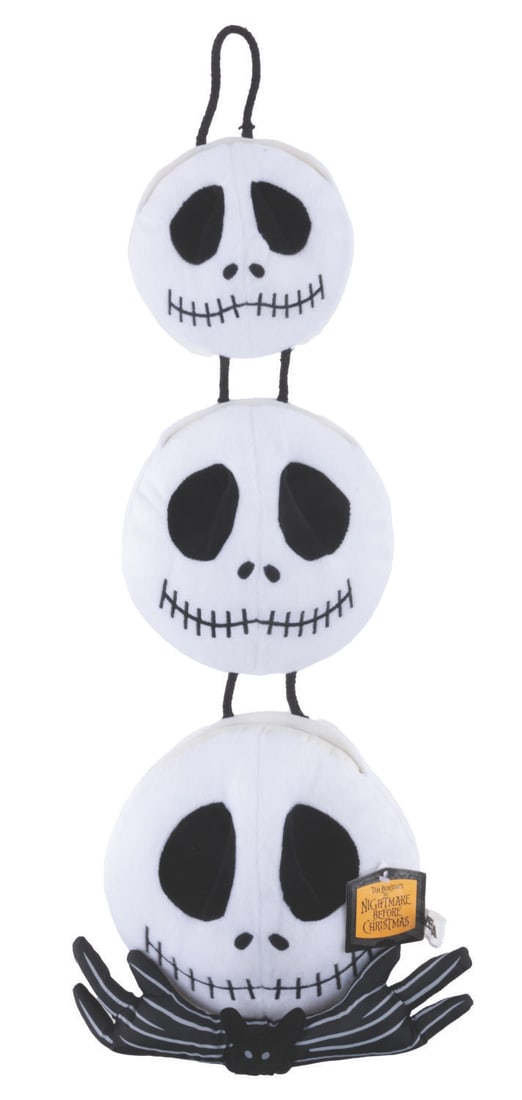 A Hanging Jack Skellington Heads Plush.: (NECA, 2005) A Hanging Jack Heads plush decoration. Each Jack Skellington face has a pocket in the back. Measuring 9.5" x 22", the decoration is in fine condition.