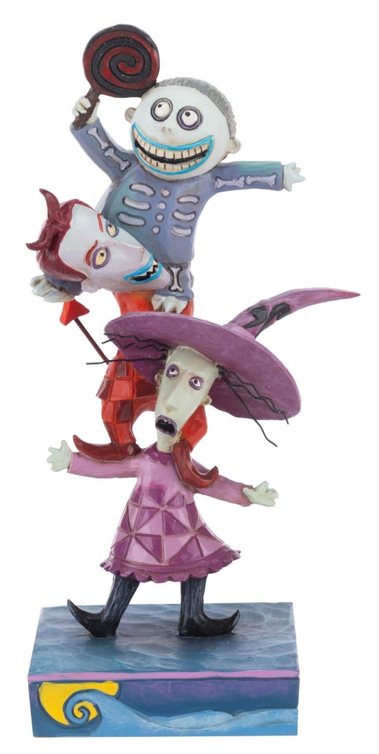A Nightmare Before Christmas "Triple Trouble" Figurine.: (Enesco, 2017) A Disney Traditions "Triple Trouble" figurine featuring Lock, Shock and Barrel from "The Nightmare Before Christmas" designed by Jim Shore. Measuring 2.5" x 3.25" x 5.75" tall, the