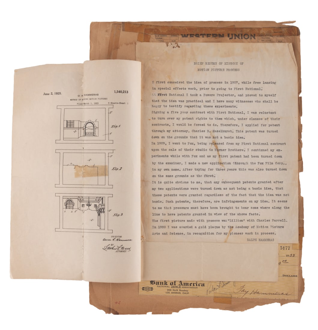 Ralph Hammeras' Patent for Motion Picture Matte Painting.: (Hammeras, 1925) Ralph Hammeras' original patent for a motion picture glass matte effect, with associated papers. A pioneer in motion picture visual effects, Hammeras' miniatures, camerawork, and