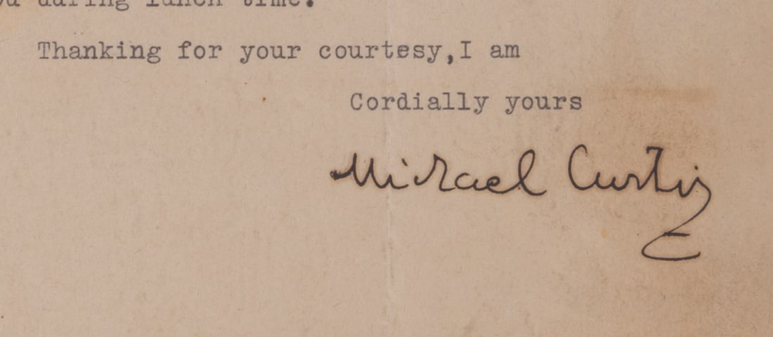 A Rare Director Michael Curtiz Signed Letter.: (Warner Bros., 1928) A letter signed by prolific director Michael Curtiz. Long before directing classics including "Casablanca," "White Christmas," and Errol Flynn's "The Adventures of Robin Hood,"