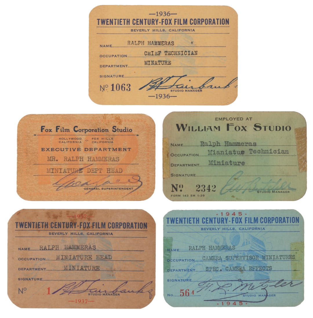 Ralph Hammeras' Fox Studios ID Cards.: (20th Century-Fox, 1929-1945) A collection of five Fox studio identification cards for miniaturist and effects artist Ralph Hammeras. These cards provide a rare history of the studio, chronicling its