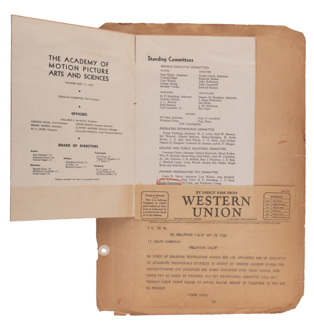A 1930 Academy of Motion Pictures Annual Report and Ralph Hammeras Telegram.: (Hammeras, 1930) An Academy of Motion Picture Arts and Sciences 1930 Annual Report and telegram to effects artist Ralph Hammeras, notifying him of his committee position for the Academy Awards. The