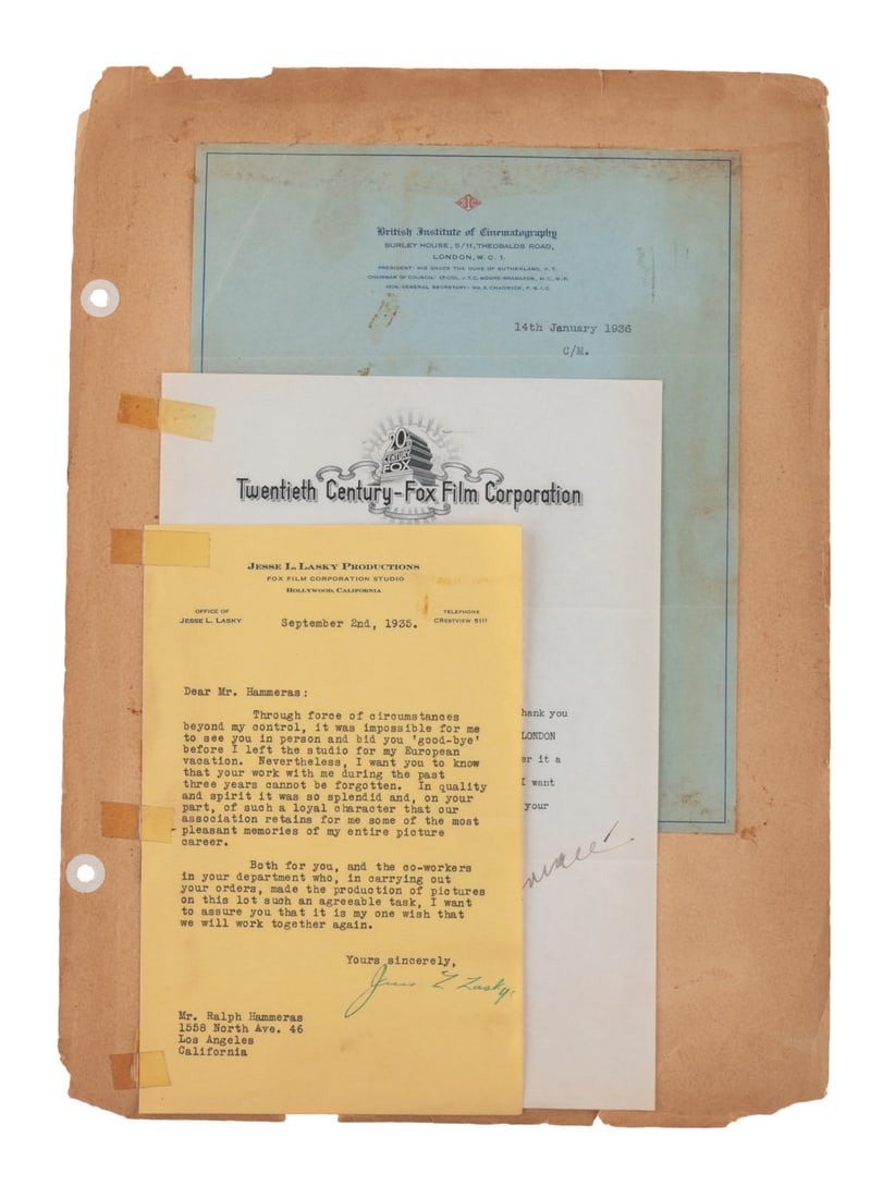 Three Signed Letters Including Darryl Zanuck.: (Hammeras, 1935-36) Three letters addressed to effects artist Ralph Hammeras. Included are a signed letter from Darryl Zanuck thanking him for attending the premiere of "Lloyds of London," a letter