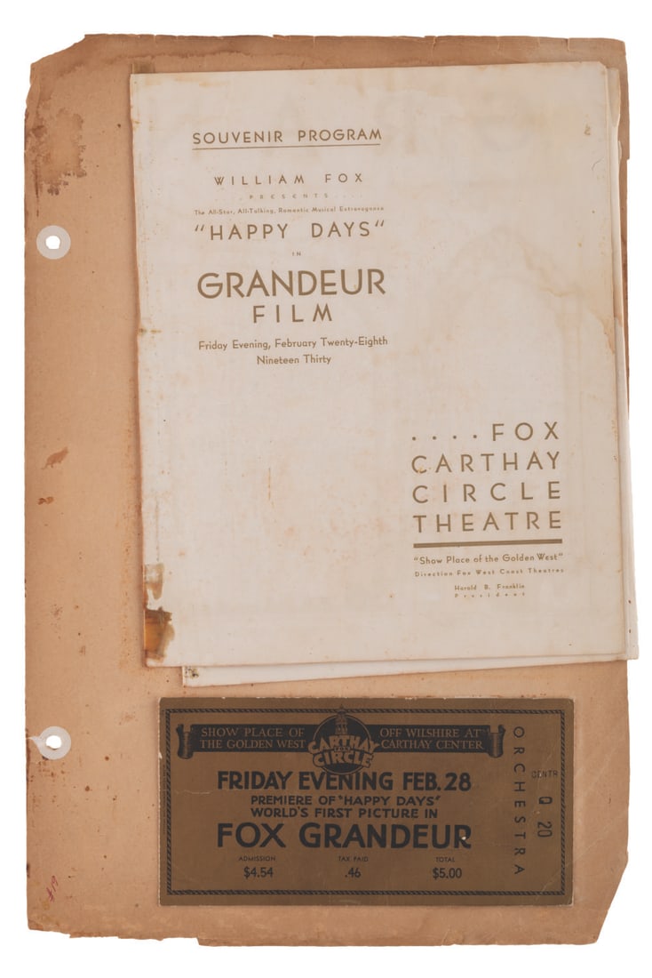 A "Happy Days" Premiere Ticket, Program, and Film Strips.: (Fox Film Corporation, 1930) A rare program and ticket for the Fox Grandeur premiere of the Pre-Code musical "Happy Days," the first 70 mm widescreen film, screened February 28, 1928 at the Carthay