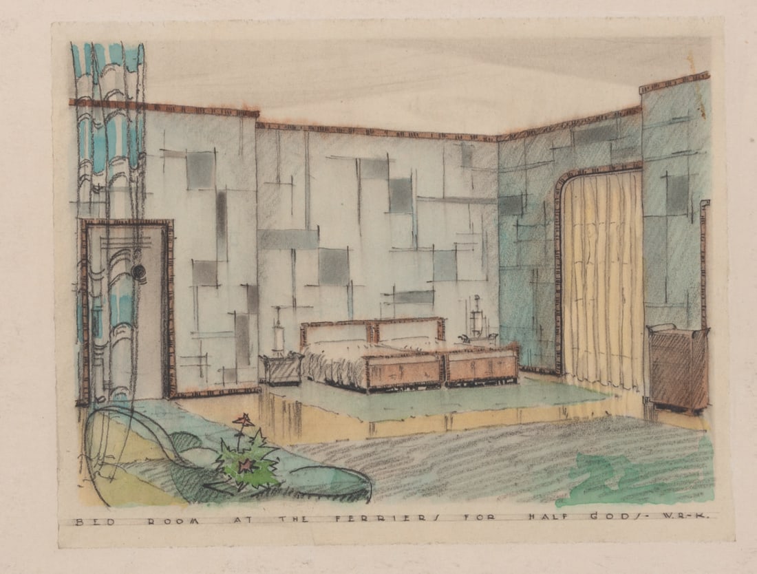 A "Free Love" Original Set Design.: (Universal, 1930) An original set design by Walter Koessler for the Pre-Code film "Free Love." The graphite, ink, and marker art depicts the bedroom of the Ferriers, portrayed by actors Genevieve