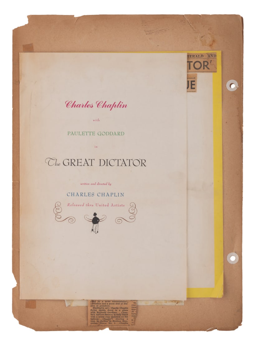 A Premiere Program for Chaplin's "The Great Dictator.": (United Artists, 1940) A program from the premiere of Charlie Chaplin's satirical comedy "The Great Dictator." This program belonged to effects artist Ralph Hammeras, who worked on the film, with his