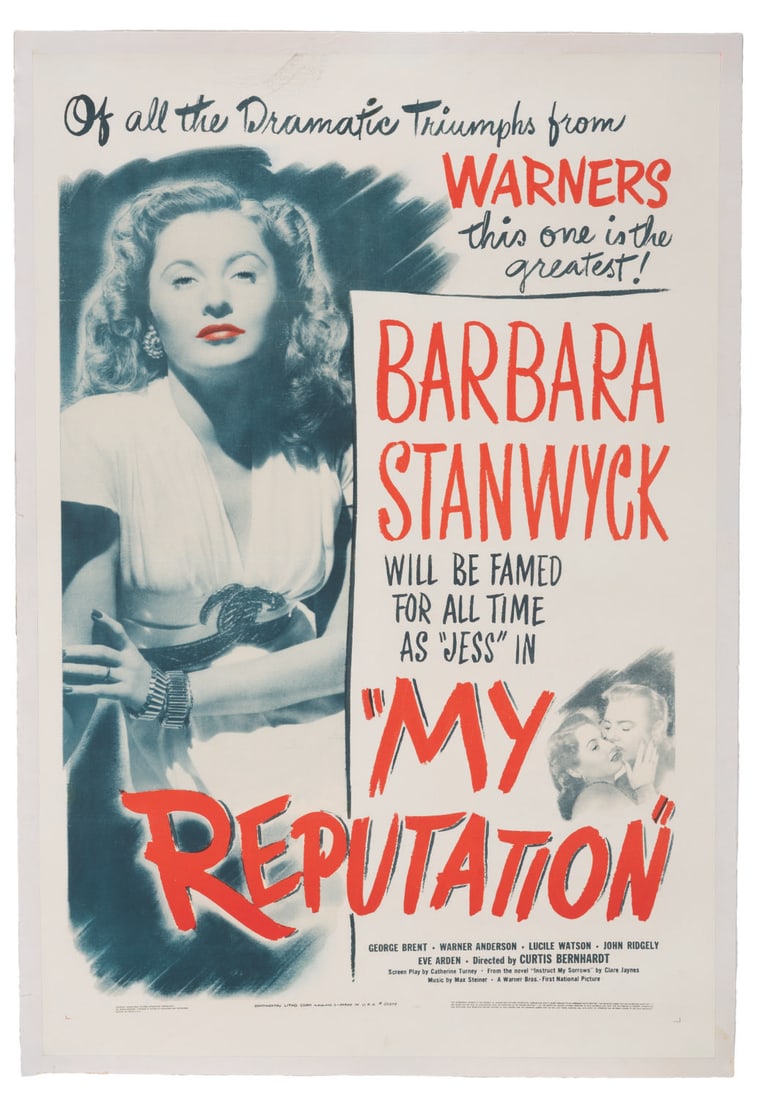 A "My Reputation" Linen-Backed One-Sheet.: (Warner Bros., 1946) A linen-backed one-sheet for "My Reputation" starring Barbara Stanwyck. Measuring 27" x 40.25" and 28.75" x 41.75" linen-backed for preservation, the poster displays in very good