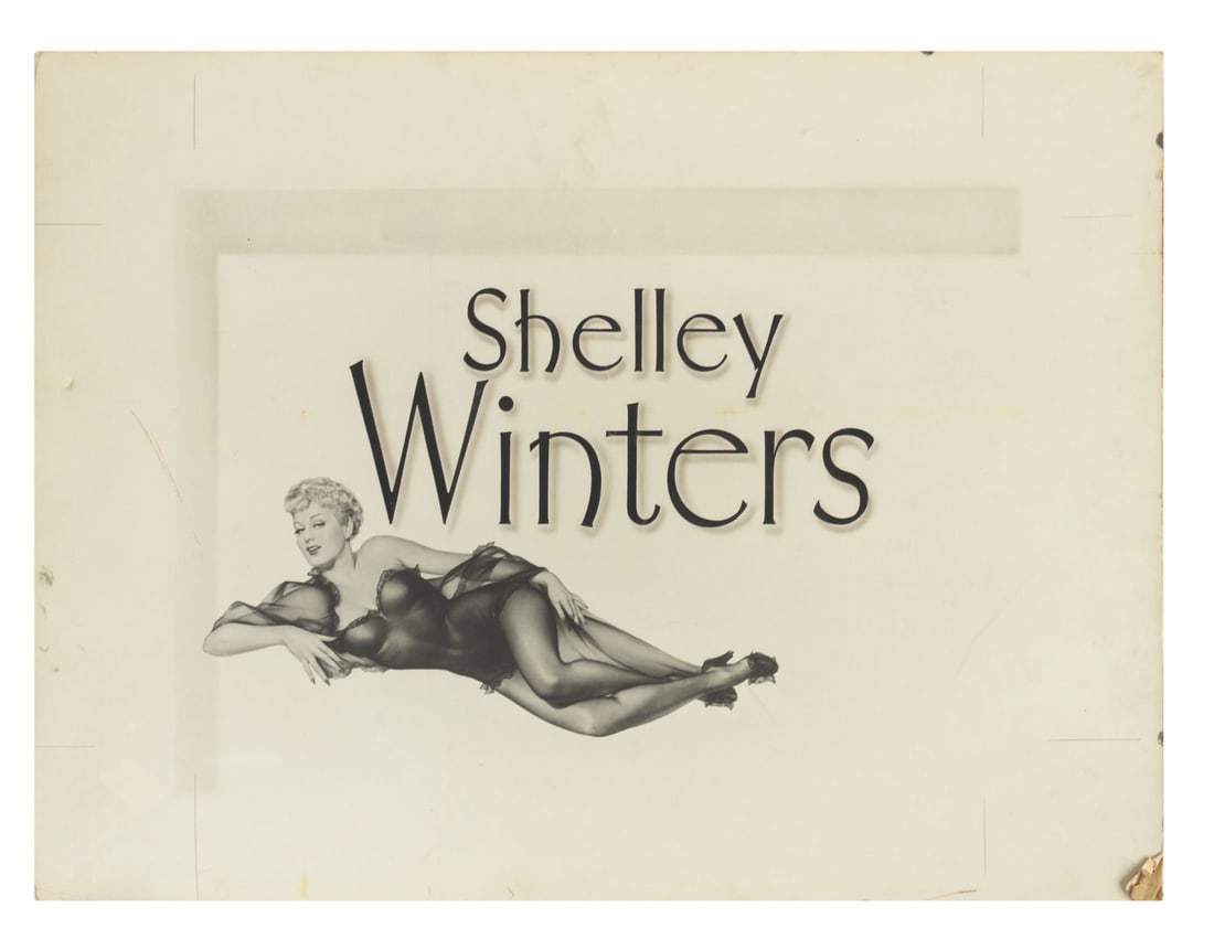 A "Behave Yourself!" Shelley Winters Screen-Used Title Card.: (RKO, 1951) The screen-used original title card prop from the opening of "Behave Yourself!" introducing Shelley Winters. At the beginning of the film, title cards are displayed as lobby cards within t