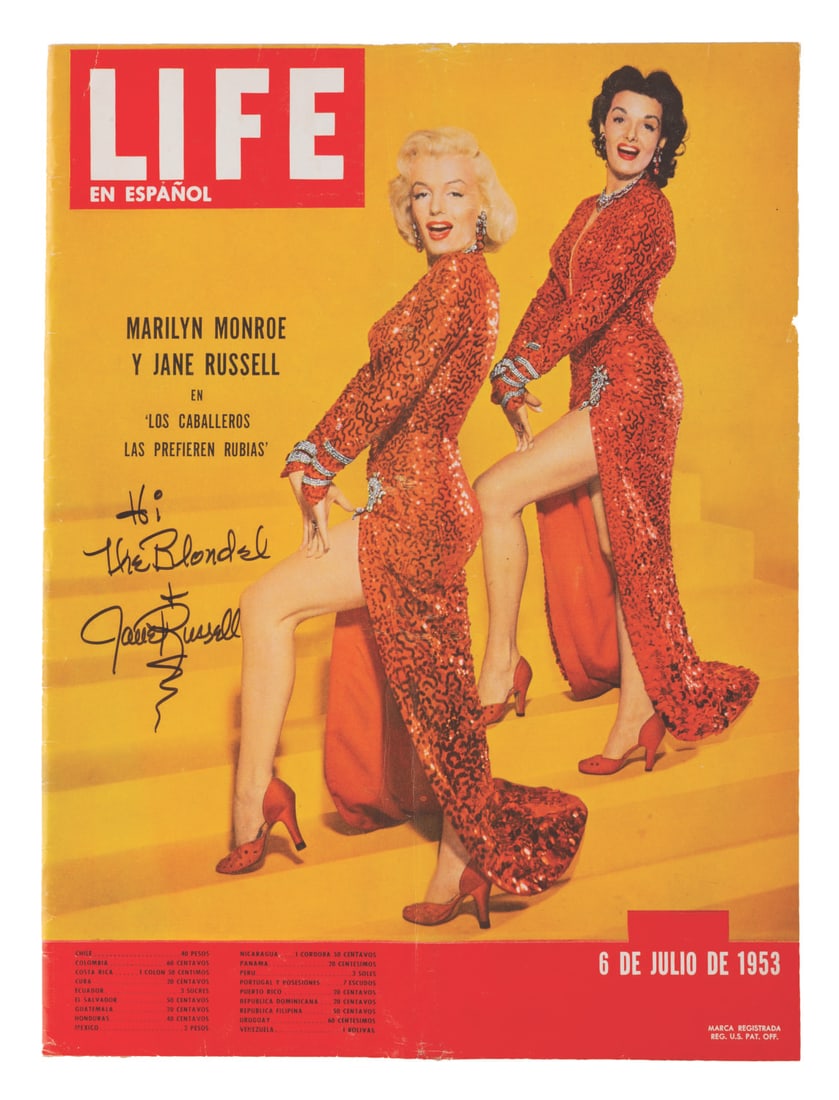 A Jane Russell Signed LIFE Magazine Featuring Marilyn Monroe.: (LIFE, 1953) A signed Spanish-language July 6, 1953 issue of LIFE with a cover story on the Marilyn Monroe and Jane Russell film "Gentlemen Prefer Blondes." Russell signed the cover, "Hi, The Blonde