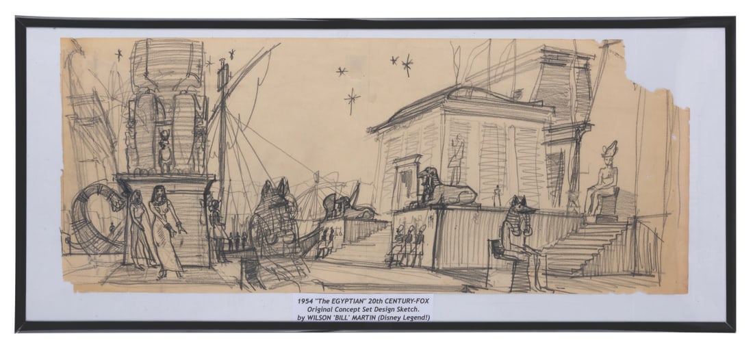 A Bill Martin "The Egyptian" Concept Set Design Sketch.: (20th Century-Fox, 1954) An elaborate set design sketch for "The Egyptian" by future Disney Legend Bill Martin. This Cinemascope Epic set in ancient Egypt called for elaborate sets and costumes, many