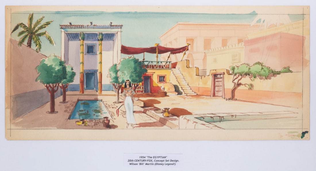 A Bill Martin "The Egyptian" Courtyard Concept Set Design.: (20th Century-Fox, 1954) A set design concept painting for "The Egyptian" by future Disney Legend Bill Martin. This Cinemascope Epic set in ancient Egypt called for elaborate sets and costumes, many o