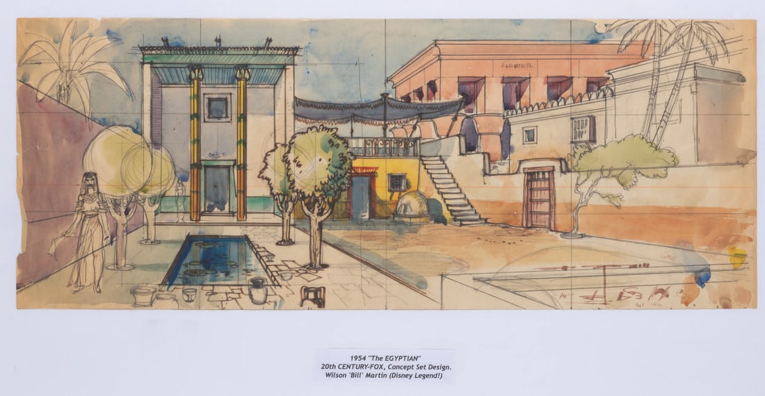 A Bill Martin "The Egyptian" Concept Set Design Painting.: (20th Century-Fox, 1954) A set design concept painting for "The Egyptian" by future Disney Legend Bill Martin. This Cinemascope Epic set in ancient Egypt called for elaborate sets and costumes, many o
