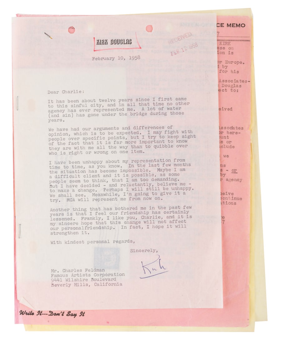 A Kirk Douglas Signed Letter to Agent Charles Feldman.: (Douglas, 1958) A typed letter from Kirk Douglas to movie producer and super-agent Charles Feldman, dated February 10, 1958. Typed on Douglas' personal stationery and signed by the actor, the letter i
