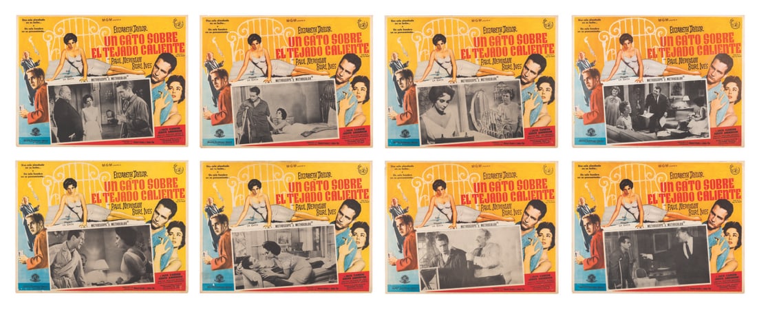 A "Cat on a Hot Tin Roof" Spanish Lobby Card Collection.: (MGM, 1958) A collection of eight Spanish lobby cards for "Cat on a Hot Tin Roof" starring Elizabeth Taylor and Paul Newman. Measuring 12.5" x 16.27", the cards are in good condition with