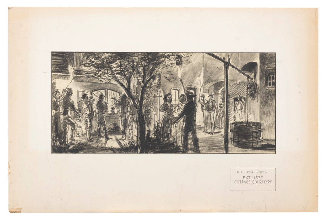 A "Song Without End" Original Production Design.: (Columbia, 1960) An original production design of the Liszt cottage courtyard from "A Magic Flame," the original title of the Franz Liszt biopic "Song Without End." A production rife with drama, the f