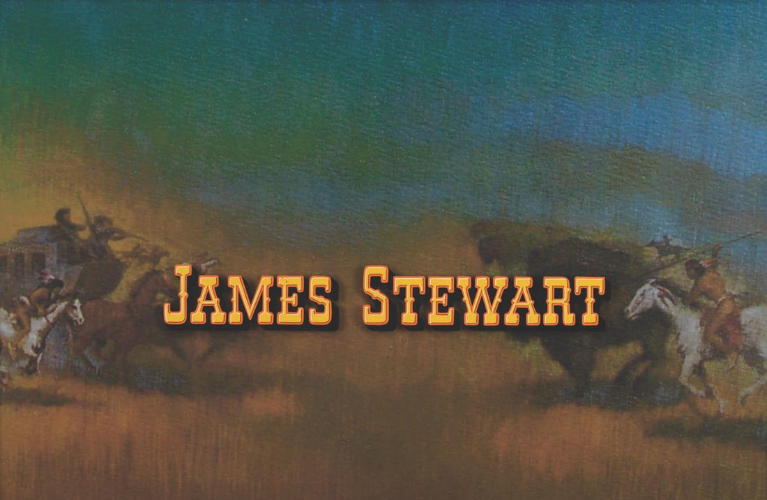 A James Stewart "How the West Was Won" Title Credit.: (MGM, 1962) An original James Stewart opening title credit from "How the West Was Won." Along with Jimmy Stewart, the star-studded cast included Henry Fonda, Karl Malden, Debbie Reynolds, and John Way