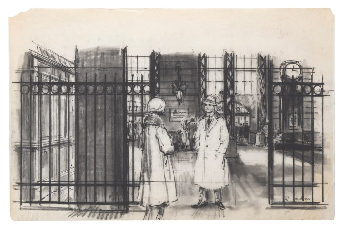 A "Funny Girl" Production Drawing by Mentor Huebner.: (Columbia, 1968) An original concept drawing for "Funny Girl," by renowned production illustrator Mentor Huebner. The pencil and charcoal drawing on tracing paper has been signed by the artist and