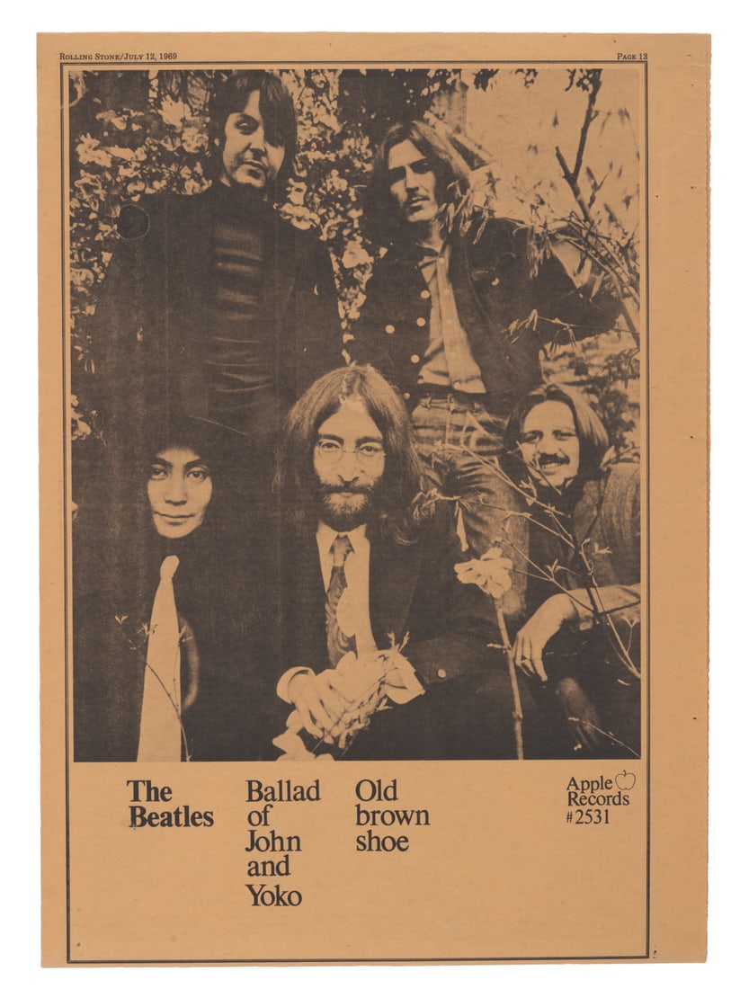 A Beatles "The Ballad of John and Yoko" Rolling Stone Ad.: (Rolling Stone, 1969) A full-page advertisement from the July 12, 1969, issue of Rolling Stone for the Beatles' new single "The Ballad of John and Yoko" and its B-side, "Old Brown Shoe." Measuring