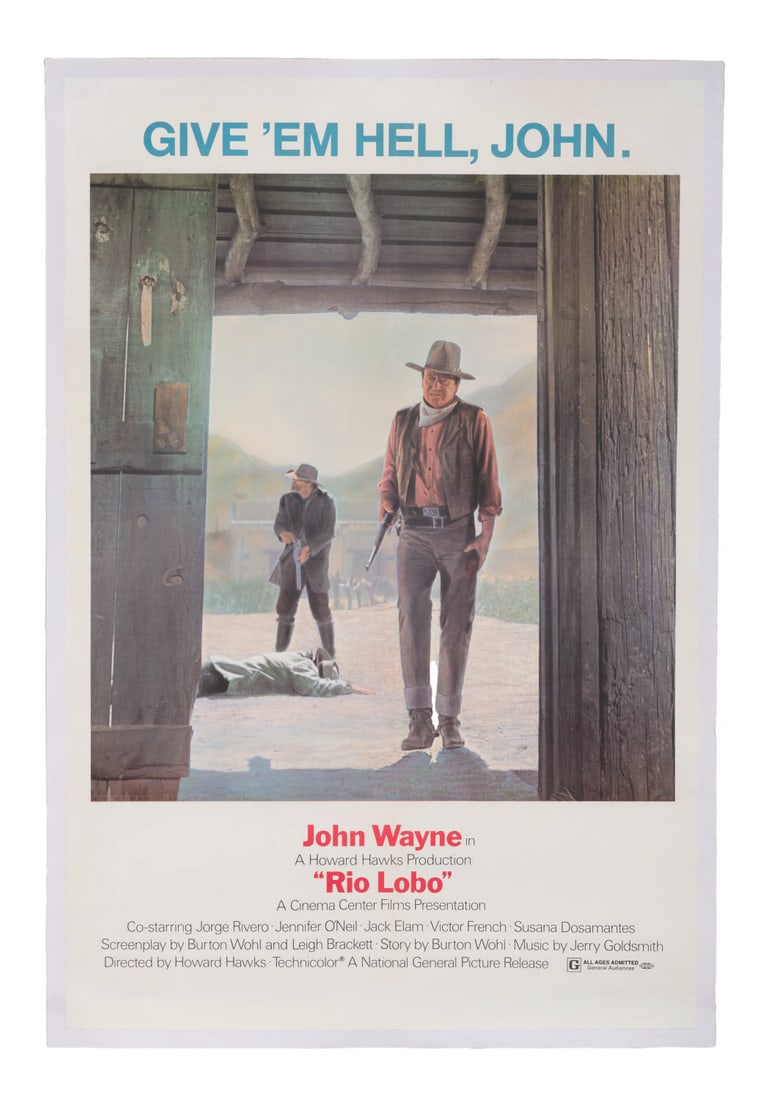A "Rio Lobo" Linen-Backed One-Sheet.: (National General Pictures, 1970) A linen-backed one-sheet for Howard Hawks' "Rio Lobo" starring John Wayne. Measuring 27.25" x 40.75" and 29.5" x 42" linen-backed for preservation, the poster