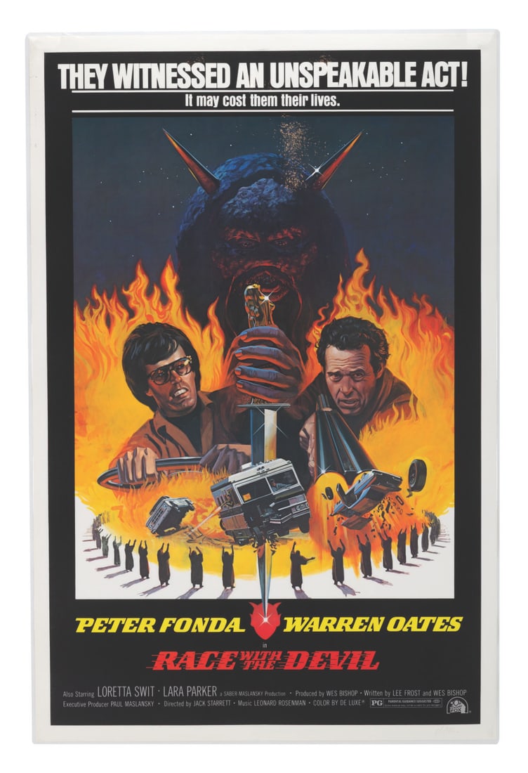 A "Race with the Devil" Laminated One-Sheet.: (20th Century Fox, 1975) A laminated one-sheet for "Race with the Devil," starring Peter Fonda and Warren Oats. Measuring 27.5" x 41.25", the poster is in good condition with light scuffing, soiling,