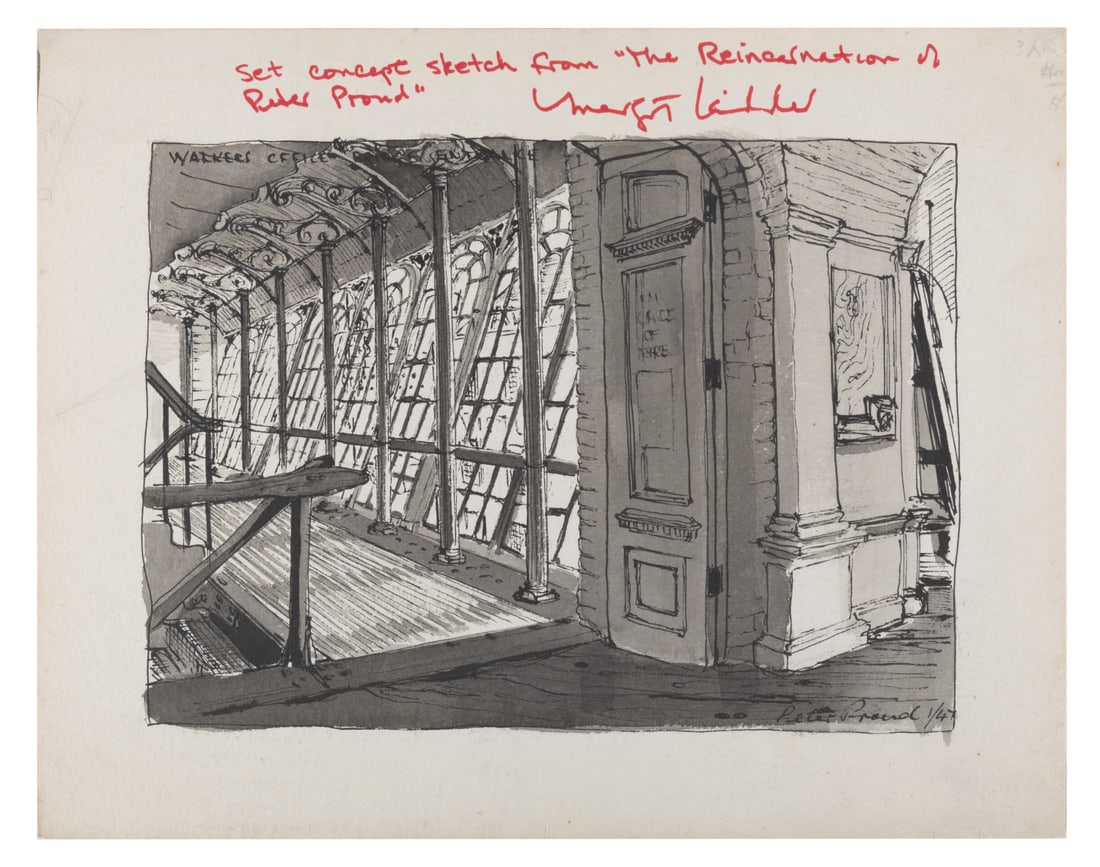 Margot Kidder Signed "The Reincarnation of Peter Proud" Concept Art.: (American International Pictures, 1975) The original concept art for Walker's office in the horror film "The Reincarnation of Peter Proud," signed by its star, Margot Kidder in bold red marker. With a