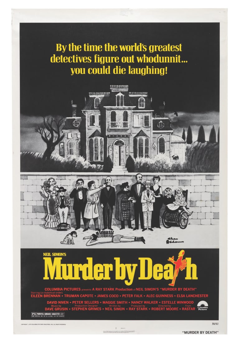 A "Murder by Death" One-Sheet.: (Columbia, 1976) A one-sheet for the theatrical release of "Murder by Death," with artwork by Charles Addams. Measuring 27" x 41", the poster displays in good condition with mall creases throughout,