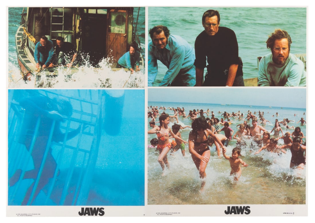 A Set of "JAWS" Lobby Cards.: (Universal, 1978) A set of four lobby cards for the 1979 re-release of Steven Spielberg's "JAWS," the original summer blockbuster. Measuring 8" x 10" each, the lobby cards are in very good to fine