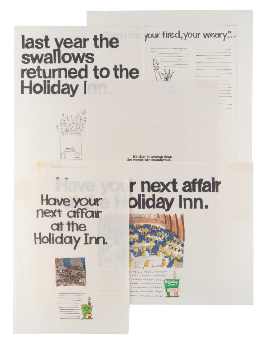 A Collection of Holiday Inn Ad Pitch Artwork.: (Wallen, 1980s) A collection of five ad concepts for Holiday Inn by designer Bill Wallen. The rough concepts include references to the Statue of Liberty, San Juan Capistrano swallows, two featuring