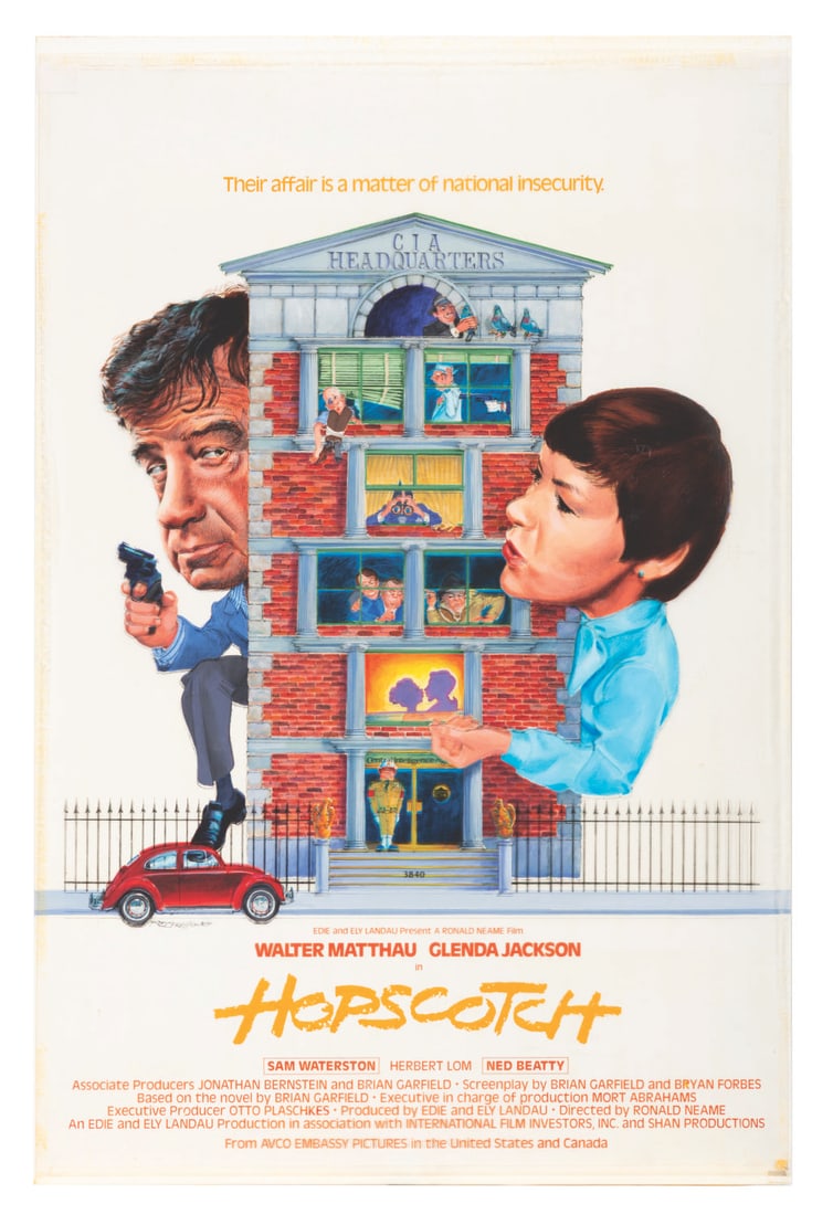"Hopscotch" Original Poster Artwork.: (AVCO Embassy Pictures, 1980) An original poster painting for the comedy-drama film "Hopscotch" starring Walter Matthau and Glenda Jackson. The artwork was painted in acrylic on artist board, while
