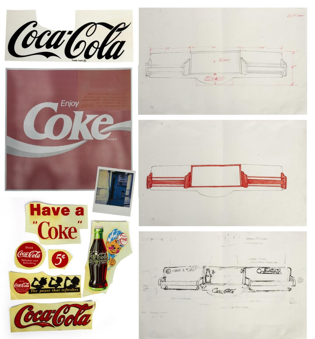 A Collection of Coca-Cola Advertising Production Samples.: (Coca-Cola, 1980s-90s) A collection of seven point-of-sale Coke decals, a title stat, and an "Enjoy Coke" window scrim sample. Also included are four xeroxed sheets with designs for a Coke counter,