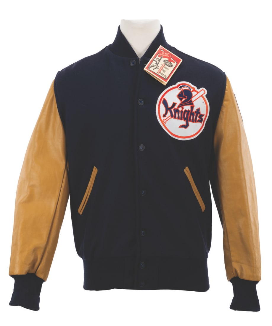 A "The Natural" Bomber Jacket.: (Ebbets Field Flannels, 1990s-2000s) A New York Knights bomber jacket, based on the one Robert Redford's character, Roy Hobbs wears in the classic baseball film "The Natural." Labeled a size M, the ja