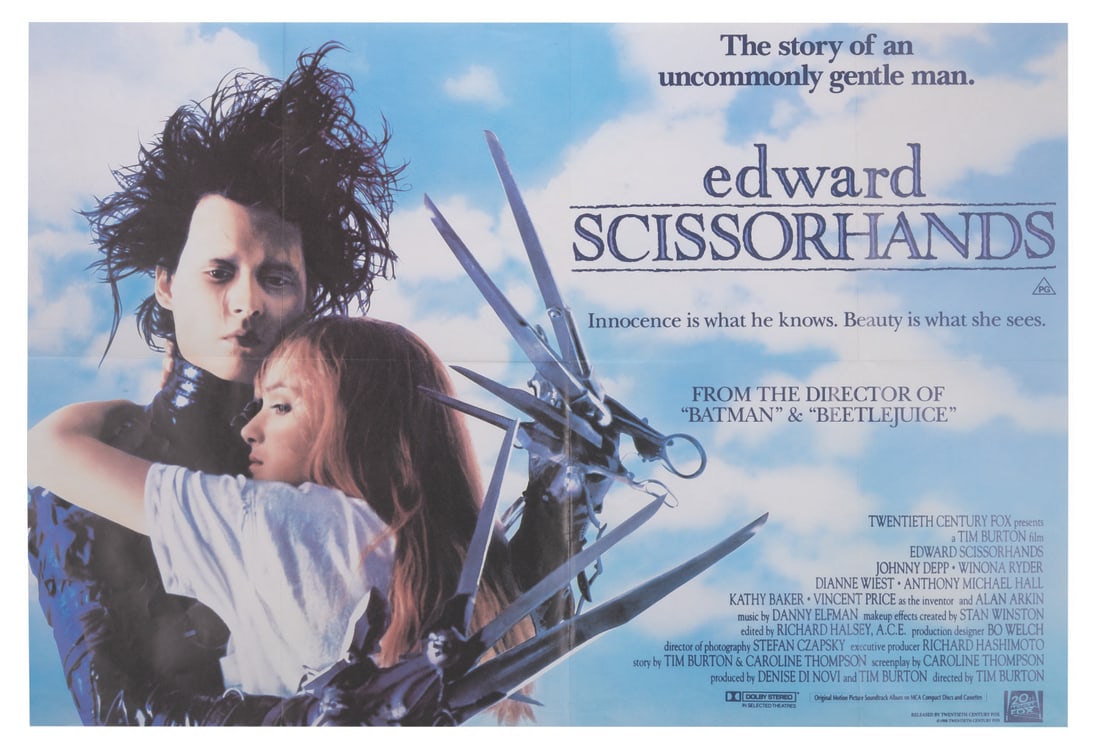 An "Edward Scissorhands" British Quad Poster.: (20th Century Fox, 1990) An original British Quad poster for the theatrical release of Tim Burton's "Edward Scissorhands" starring Winona Ryder and Johnny Depp. Measuring 27" x 39.75", the poster
