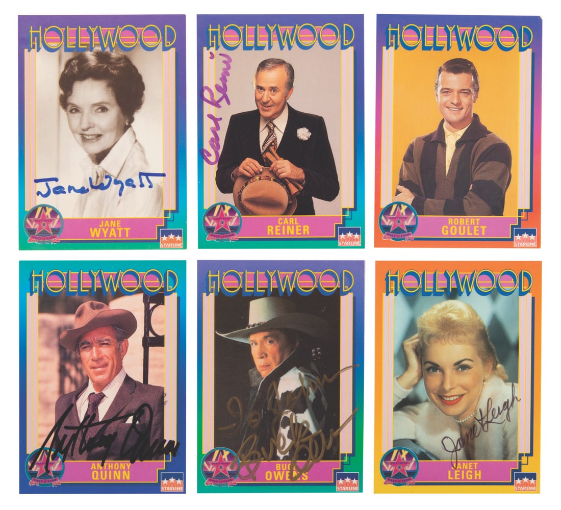 A Collection of Signed Hollywood Walk of Fame Cards.: (Starline, 1991) A collection of six Hollywood Walk of Fame trading cards signed by legends of movies, television, and music. Carl Reiner, Janet Leigh, Jane Wyatt, Anthony Quinn, Buck Owens, and