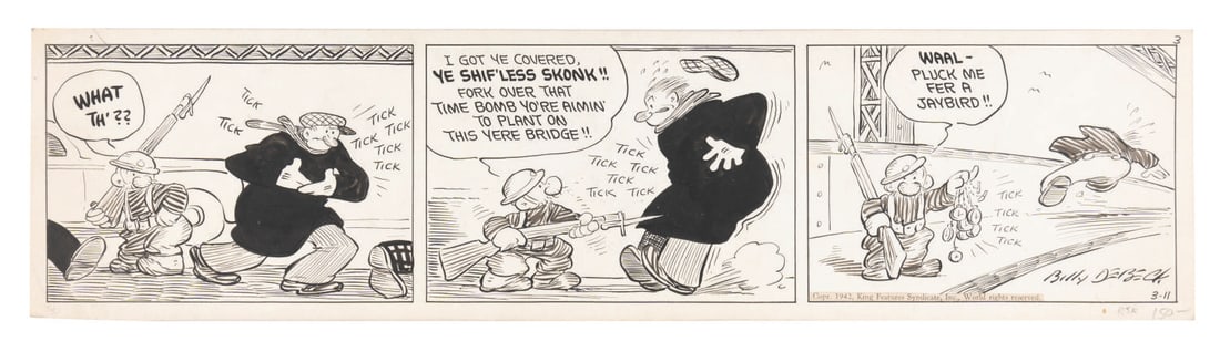A Barney Google and Snuffy Smith Original Comic Strip.: (King Features, 1942) The original art for a Barney Google and Snuffy Smith comic strip dated March 11, 1942, signed by the artist and creator, Billy DeBeck. Measuring 4.5" x 17", the strip,